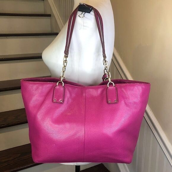 TORY BURCH Fuchsia Leather Shoulder Bag Embroidered Straps Tassel Accent - Picture 3 of 17